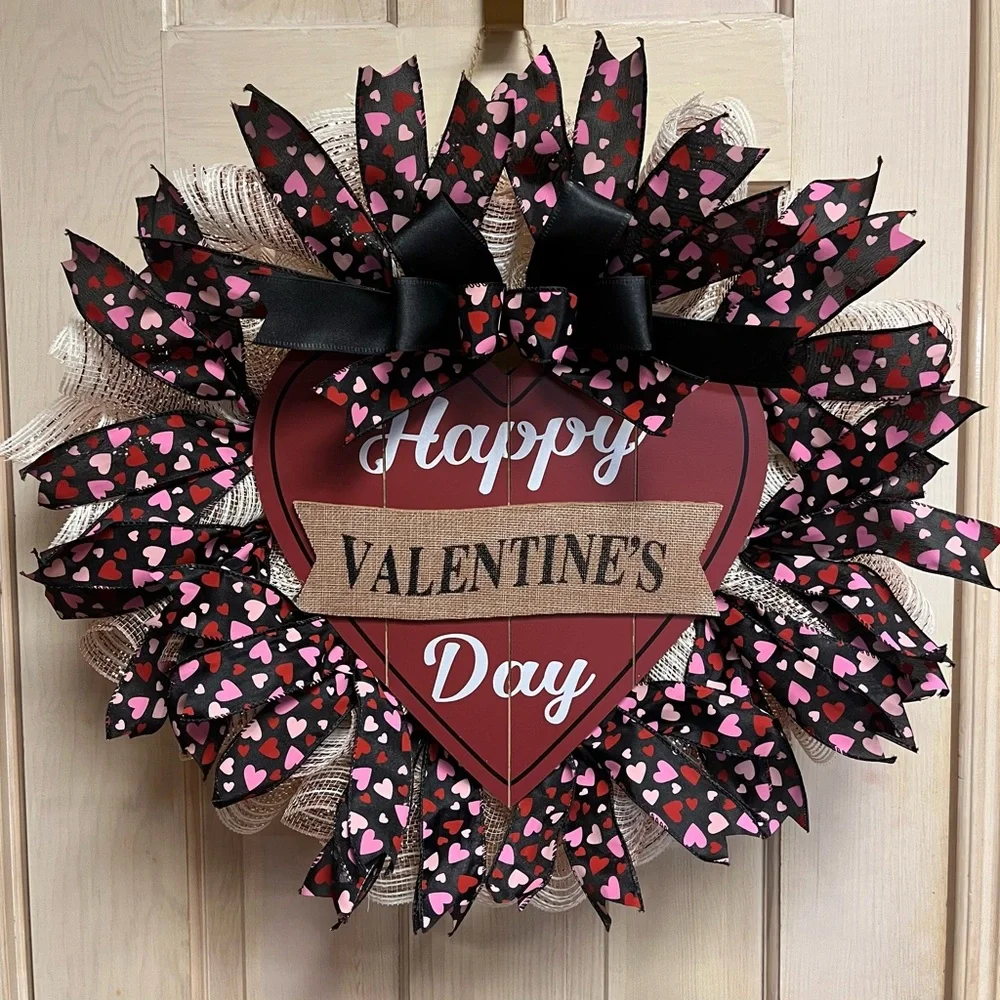 Happy Valentines Day Heart Shaped Wreath 22” Pink Red Black Indoor Or Outdoor